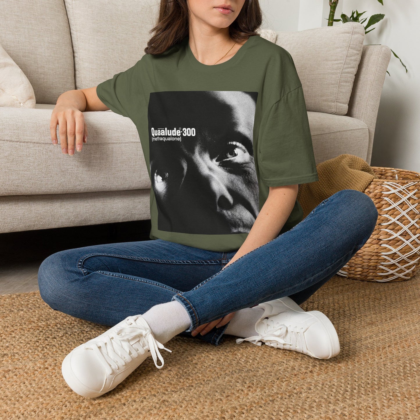 Quaalude 300 Graphic Tee — Retro Black & White Drug Label Design