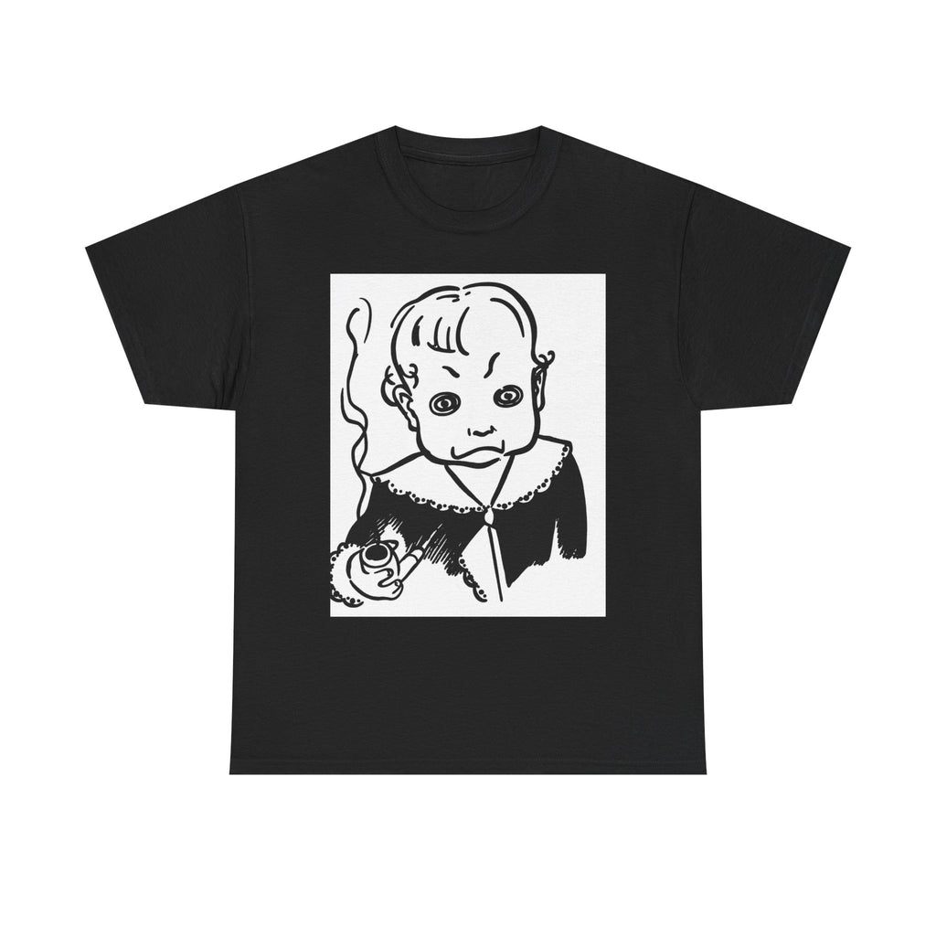 Real King Lud Tobacco Ad- Creepy Baby Smoking Graphic Tee — Retro Horror Illustration T-Shirt