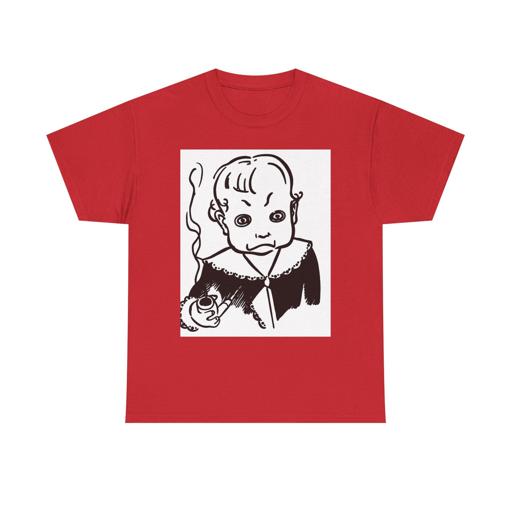Real King Lud Tobacco Ad- Creepy Baby Smoking Graphic Tee — Retro Horror Illustration T-Shirt