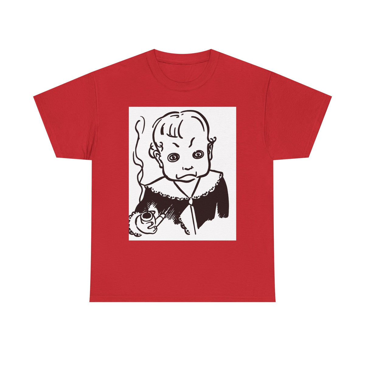 Real King Lud Tobacco Ad- Creepy Baby Smoking Graphic Tee — Retro Horror Illustration T-Shirt