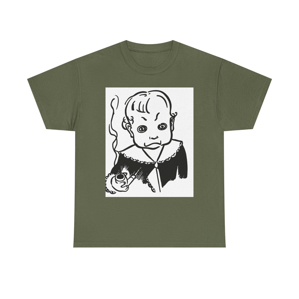 Real King Lud Tobacco Ad- Creepy Baby Smoking Graphic Tee — Retro Horror Illustration T-Shirt