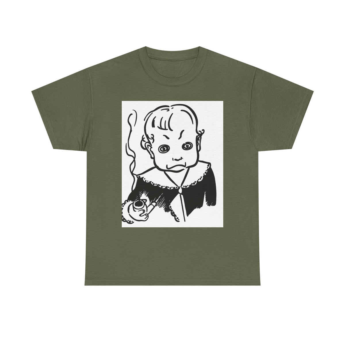 Real King Lud Tobacco Ad- Creepy Baby Smoking Graphic Tee — Retro Horror Illustration T-Shirt