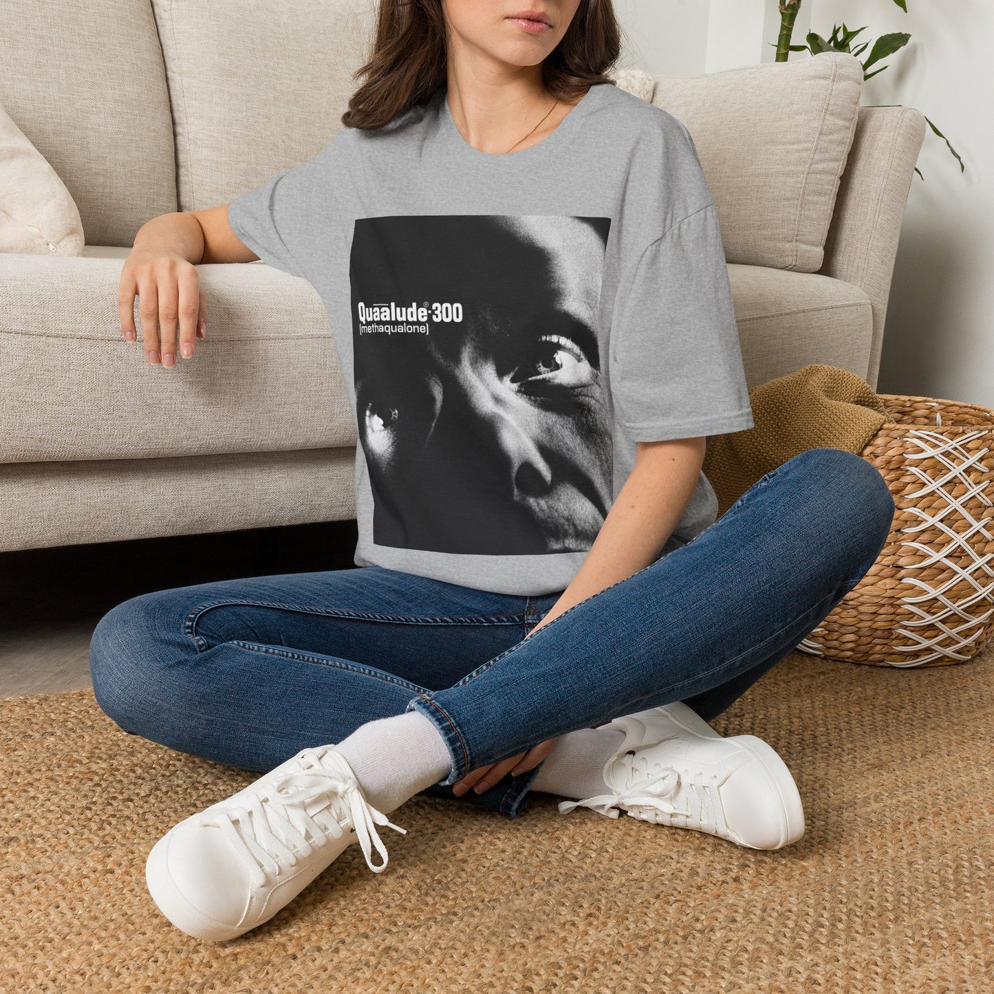 Quaalude 300 Graphic Tee — Retro Black & White Drug Label Design