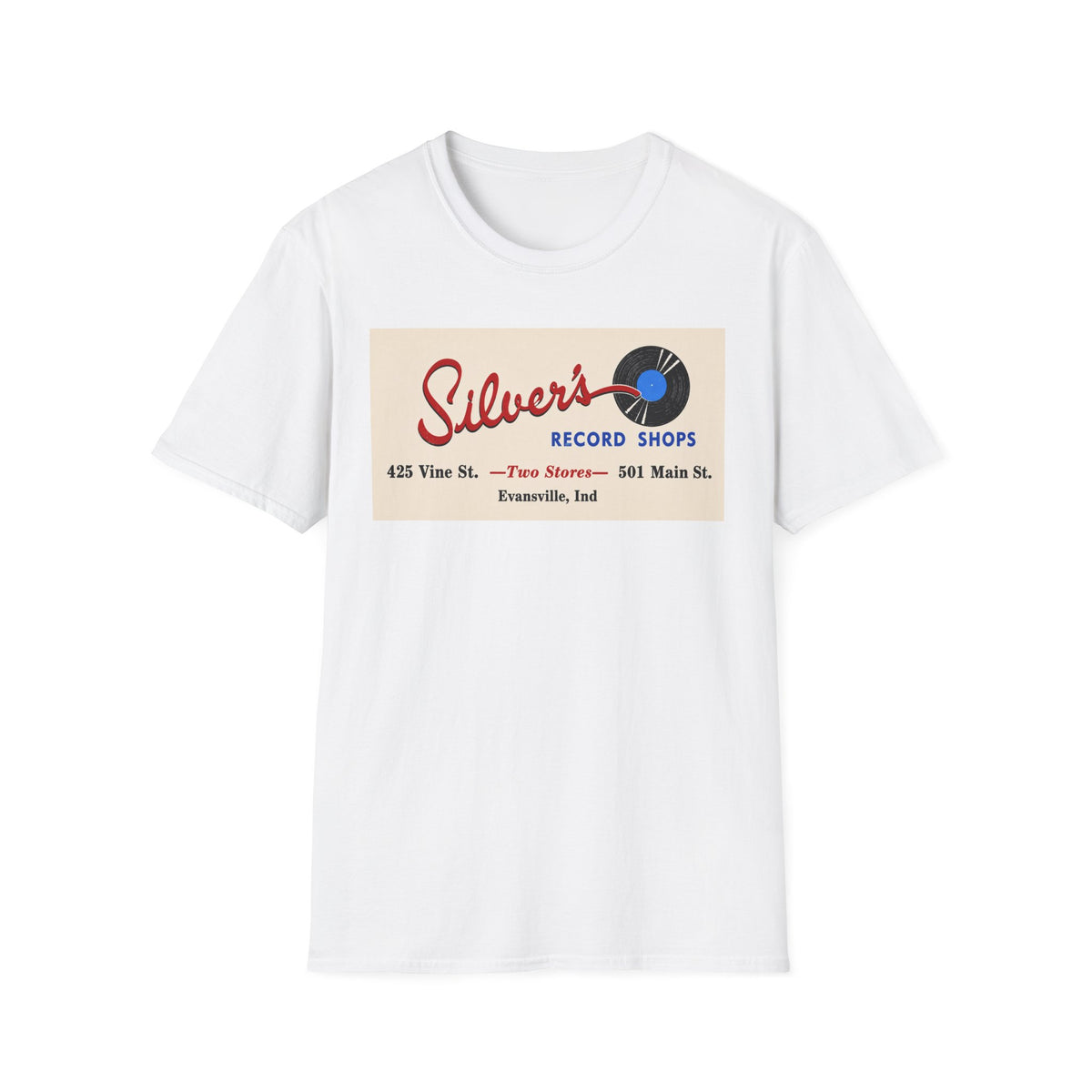 Record Shop T-Shirt — "Silver's Record Shops" Vintage Logo Tee — Evansville, Indiana