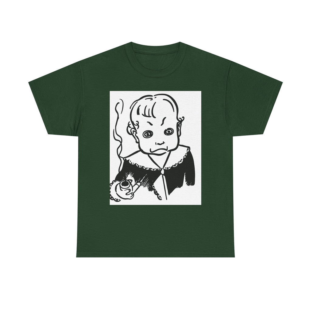 Real King Lud Tobacco Ad- Creepy Baby Smoking Graphic Tee — Retro Horror Illustration T-Shirt