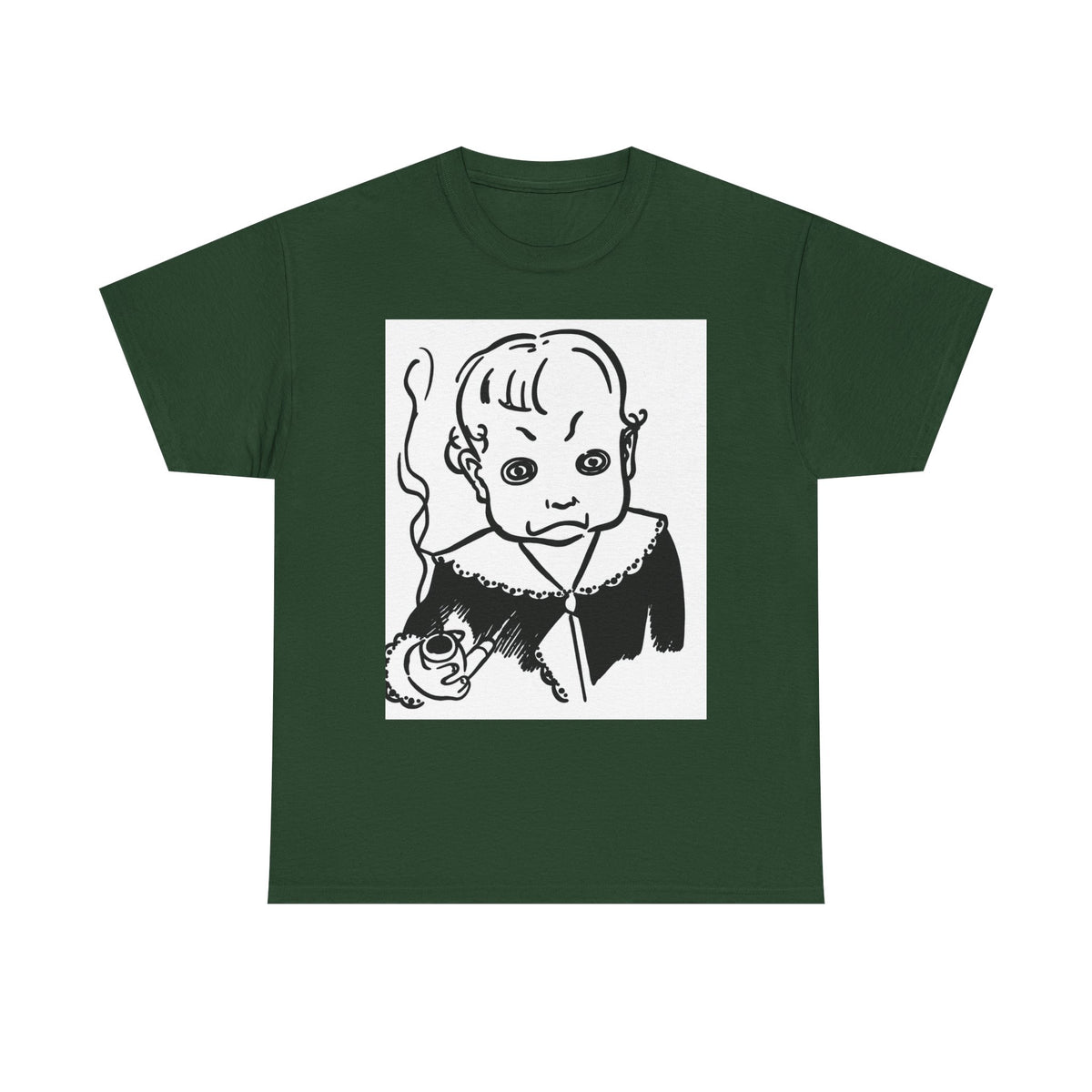 Real King Lud Tobacco Ad- Creepy Baby Smoking Graphic Tee — Retro Horror Illustration T-Shirt