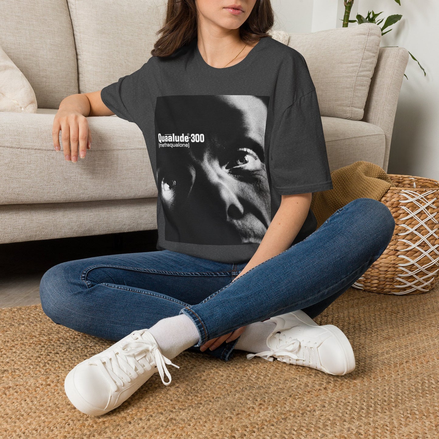 Quaalude 300 Graphic Tee — Retro Black & White Drug Label Design