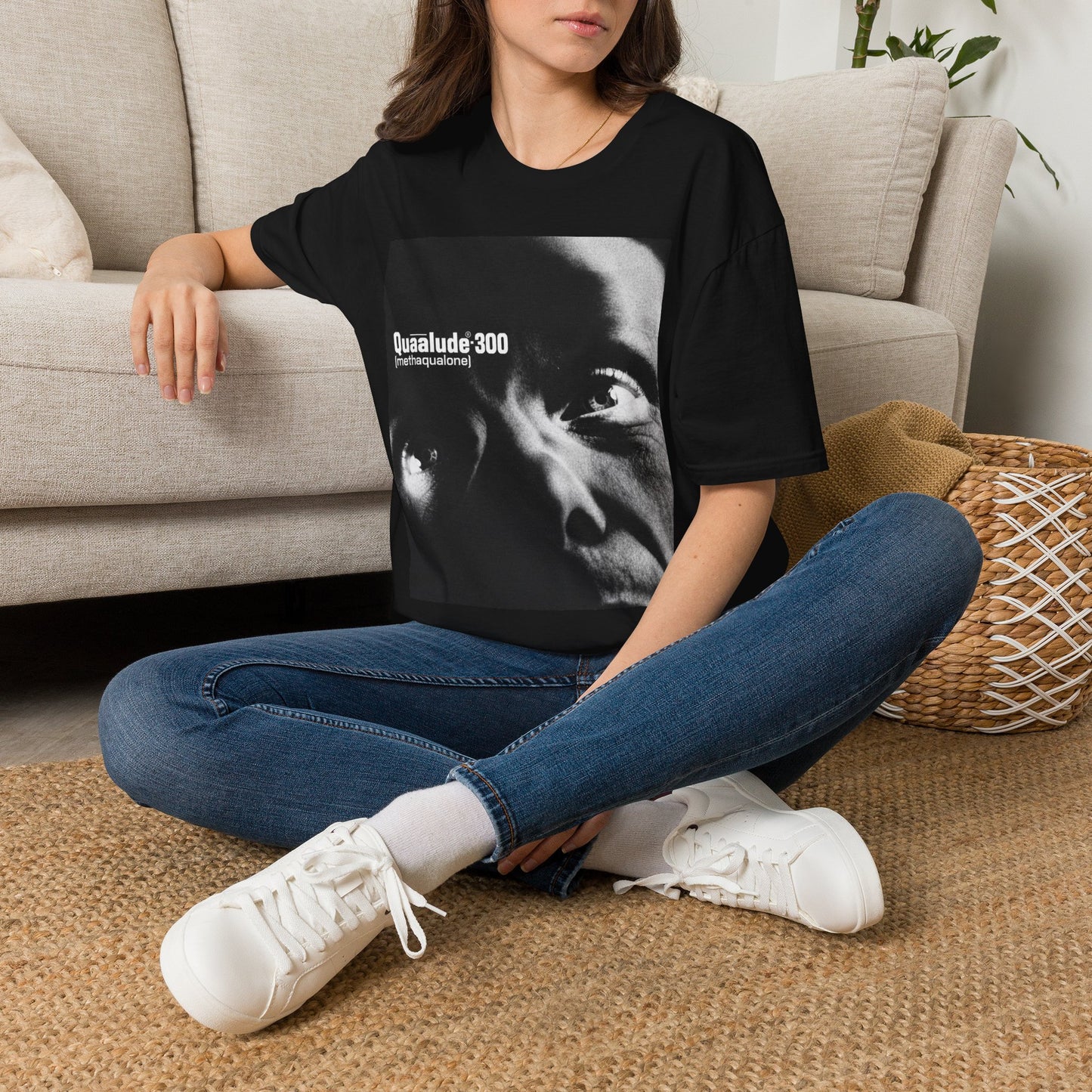 Quaalude 300 Graphic Tee — Retro Black & White Drug Label Design