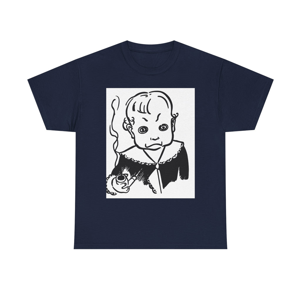 Real King Lud Tobacco Ad- Creepy Baby Smoking Graphic Tee — Retro Horror Illustration T-Shirt