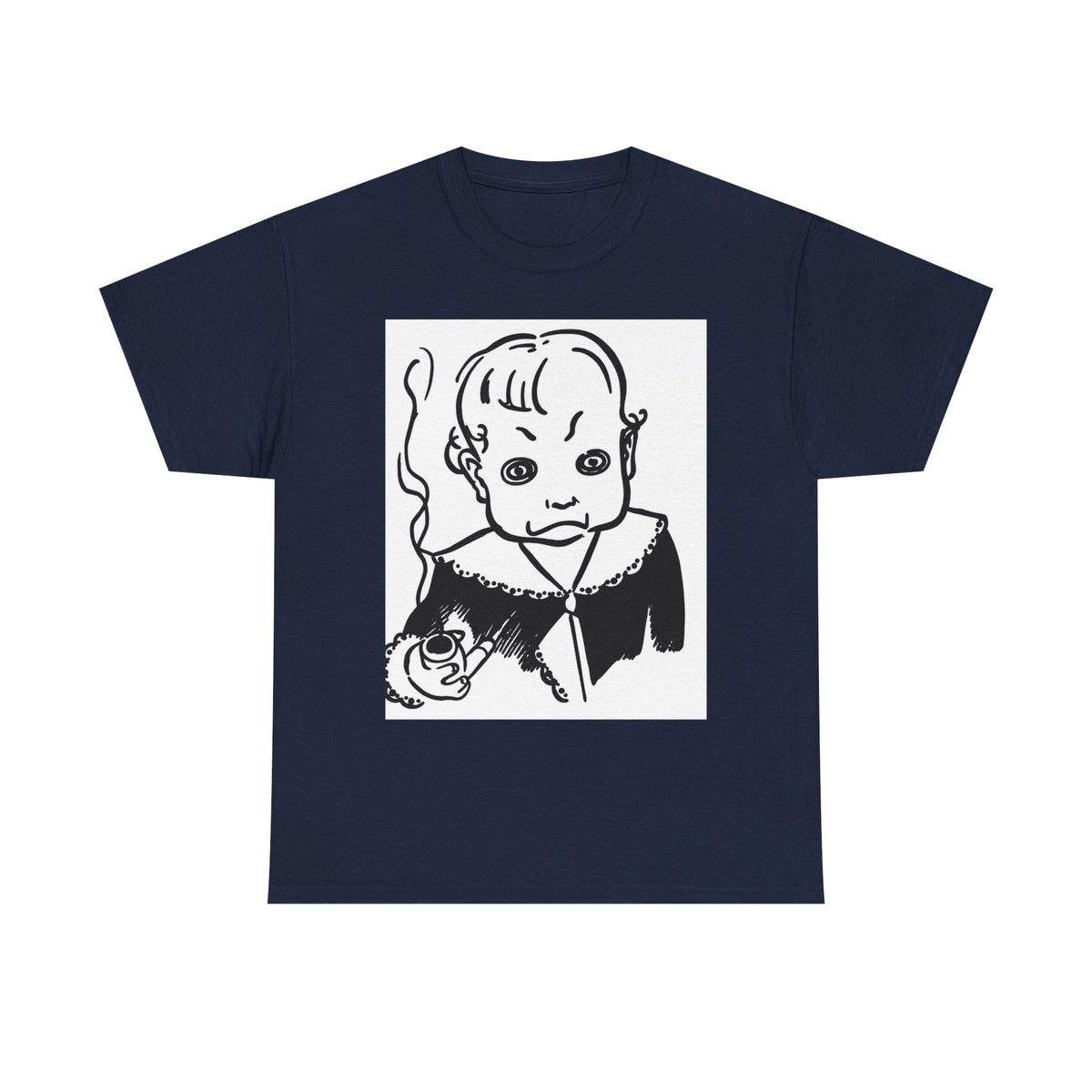 Real King Lud Tobacco Ad- Creepy Baby Smoking Graphic Tee — Retro Horror Illustration T-Shirt