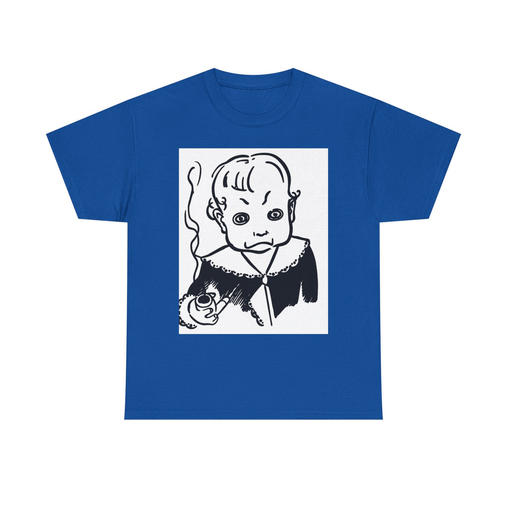 Real King Lud Tobacco Ad- Creepy Baby Smoking Graphic Tee — Retro Horror Illustration T-Shirt