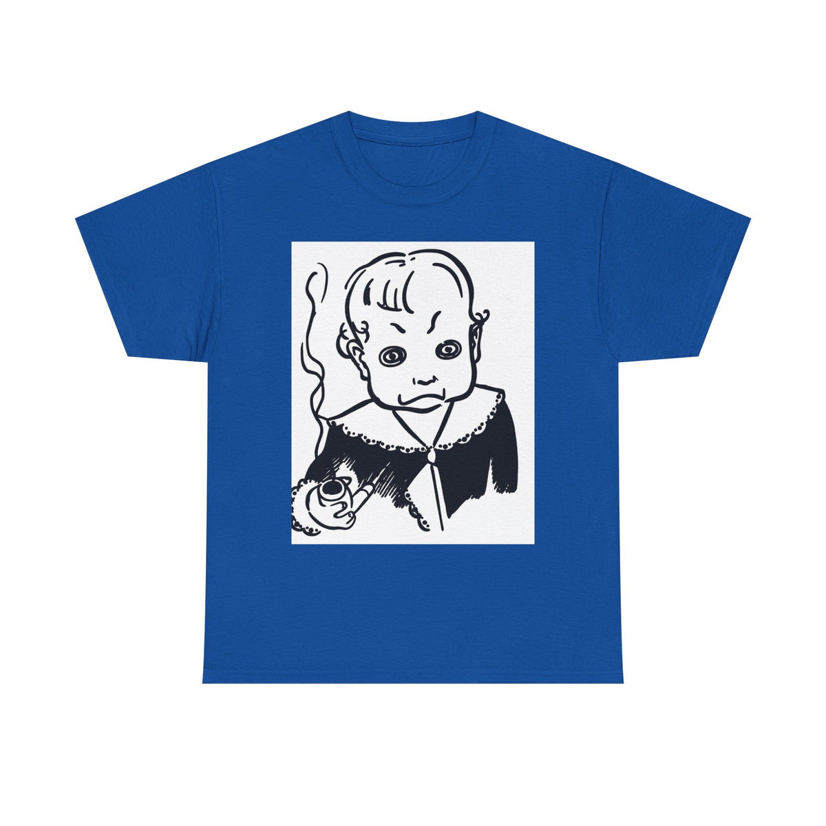 Real King Lud Tobacco Ad- Creepy Baby Smoking Graphic Tee — Retro Horror Illustration T-Shirt