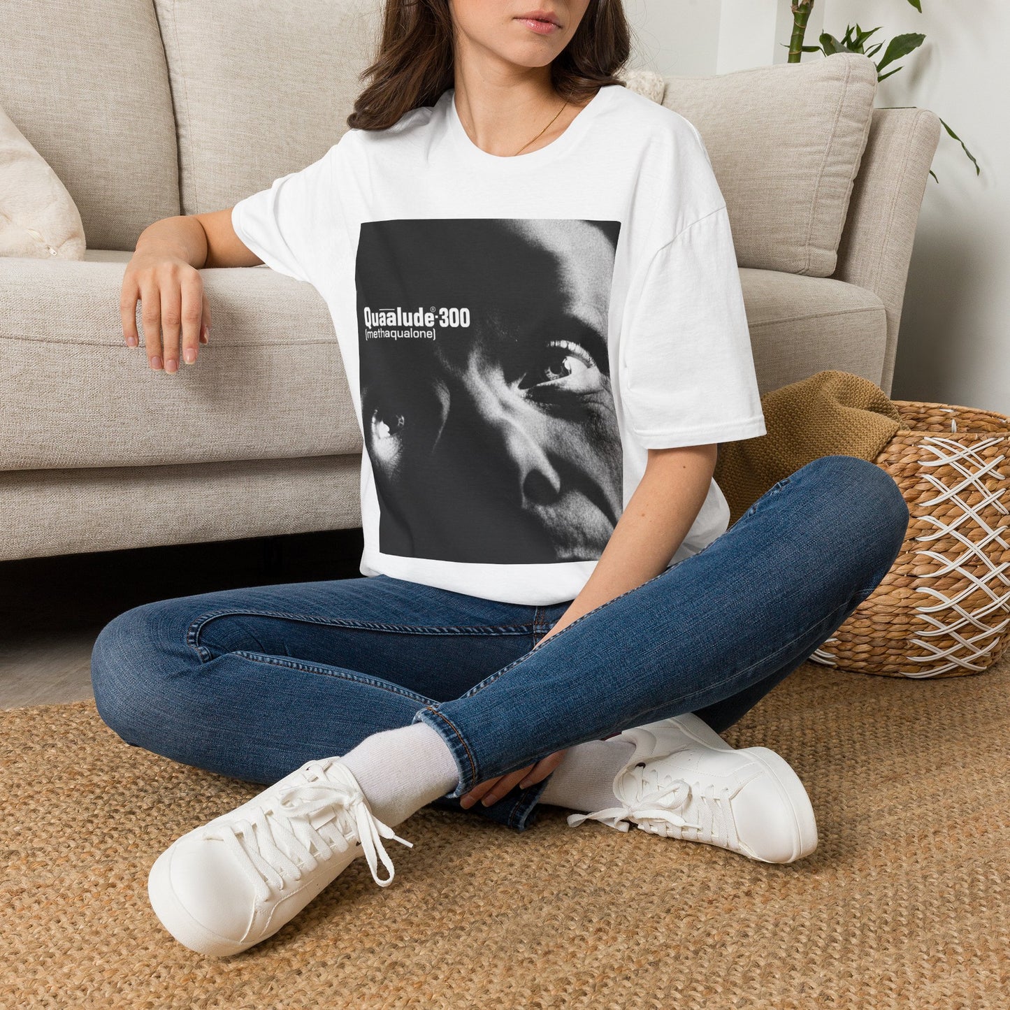 Quaalude 300 Graphic Tee — Retro Black & White Drug Label Design