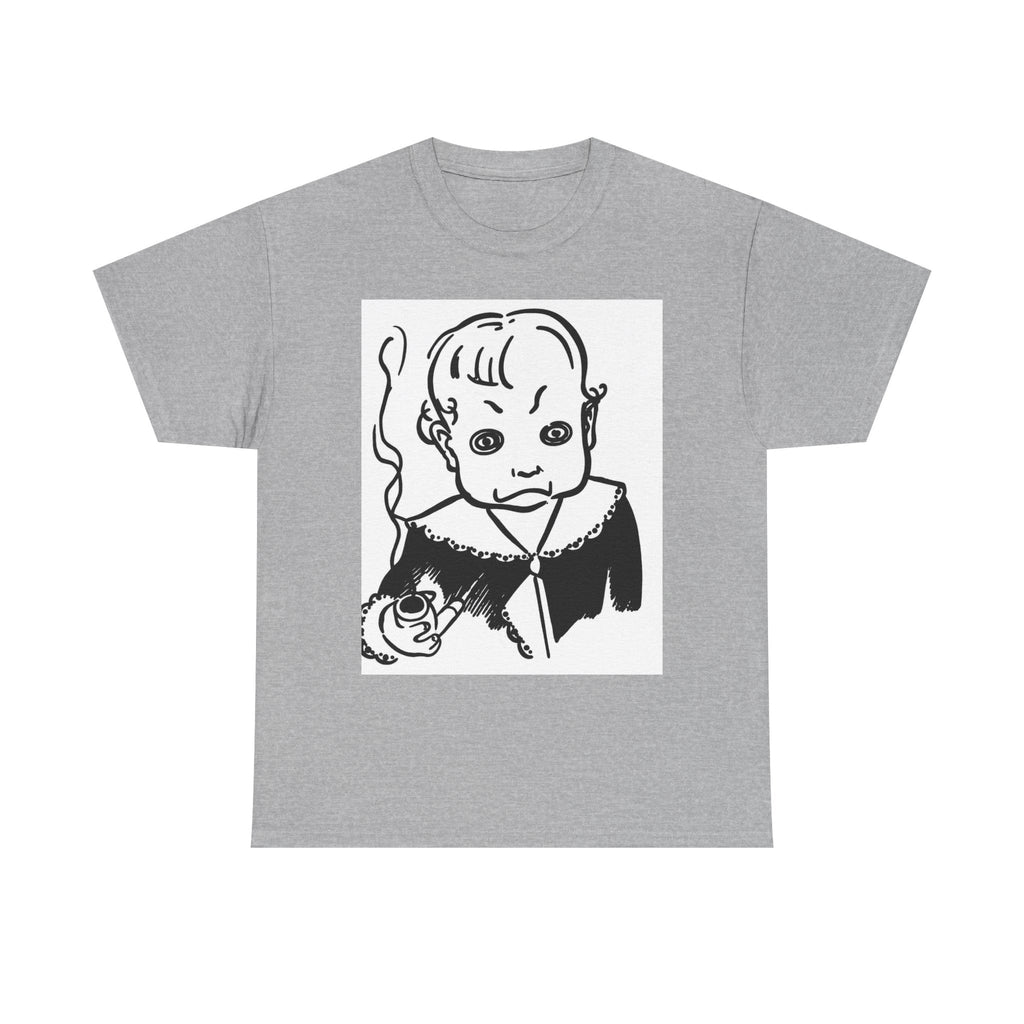 Real King Lud Tobacco Ad- Creepy Baby Smoking Graphic Tee — Retro Horror Illustration T-Shirt