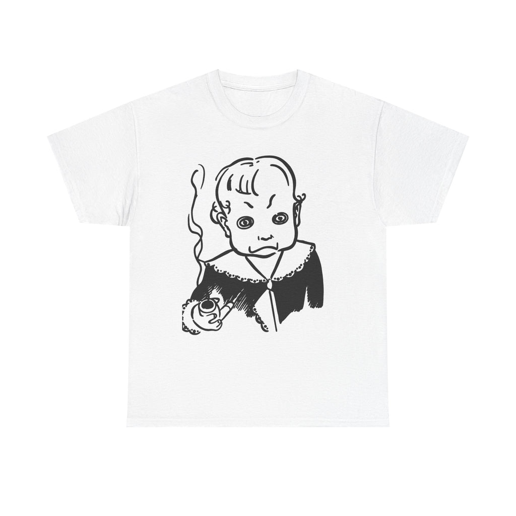 Real King Lud Tobacco Ad- Creepy Baby Smoking Graphic Tee — Retro Horror Illustration T-Shirt