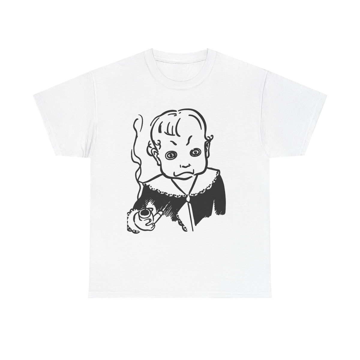 Real King Lud Tobacco Ad- Creepy Baby Smoking Graphic Tee — Retro Horror Illustration T-Shirt