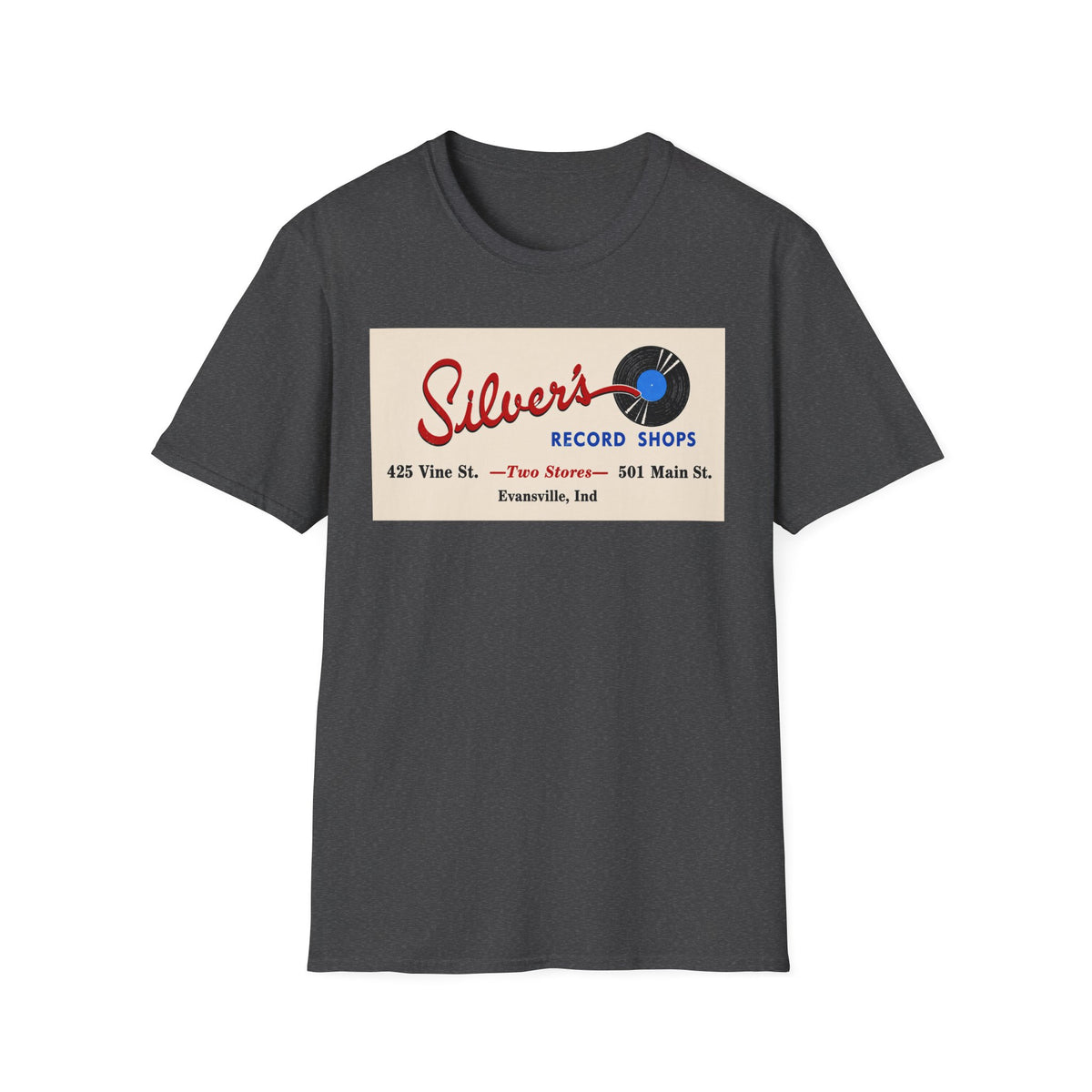 Record Shop T-Shirt — "Silver's Record Shops" Vintage Logo Tee — Evansville, Indiana