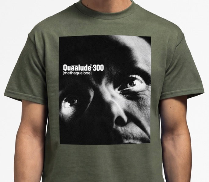 Quaalude 300 Graphic Tee — Retro Black & White Drug Label Design