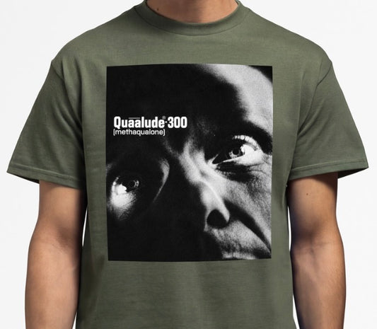Quaalude 300 Graphic Tee — Retro Black & White Drug Label Design