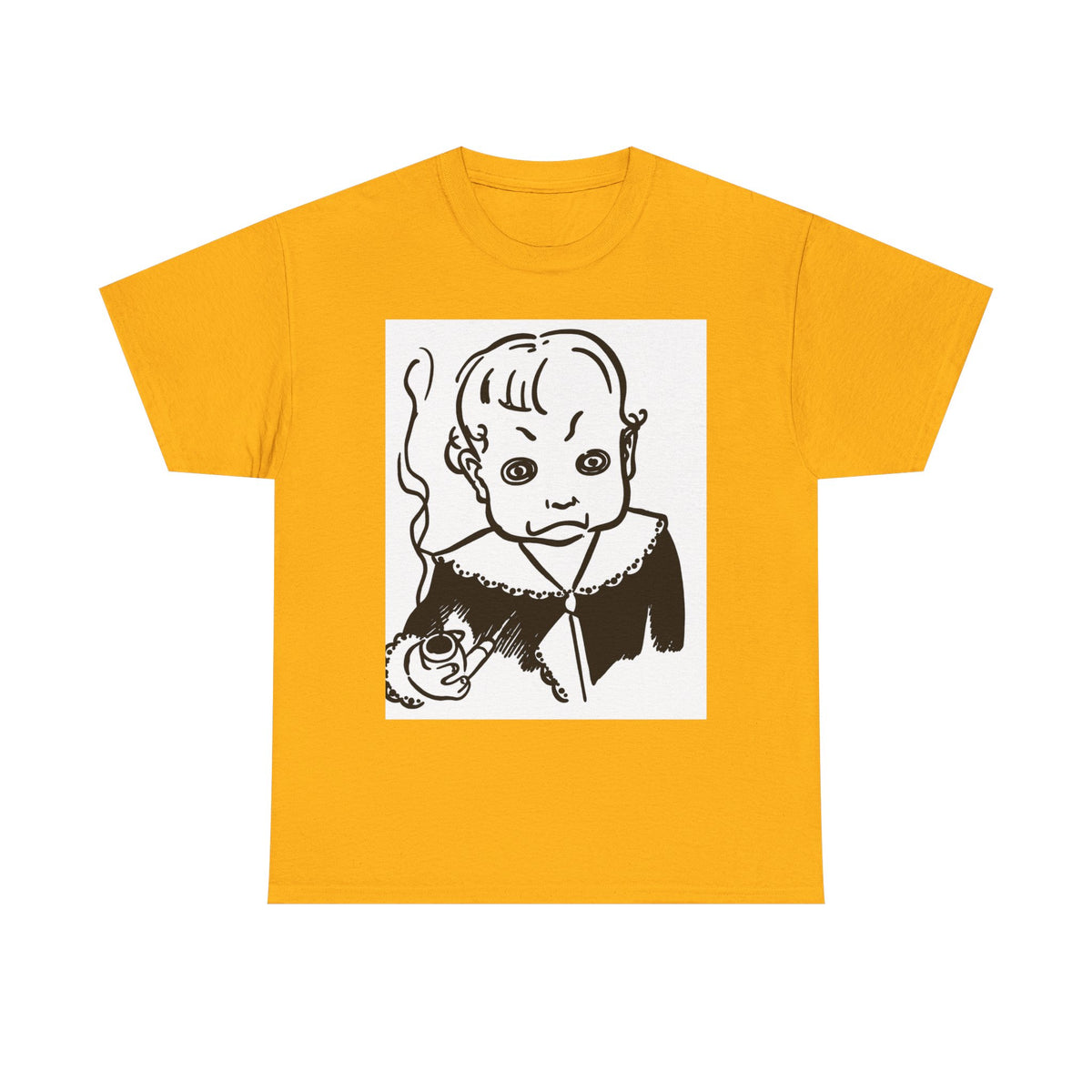Real King Lud Tobacco Ad- Creepy Baby Smoking Graphic Tee — Retro Horror Illustration T-Shirt