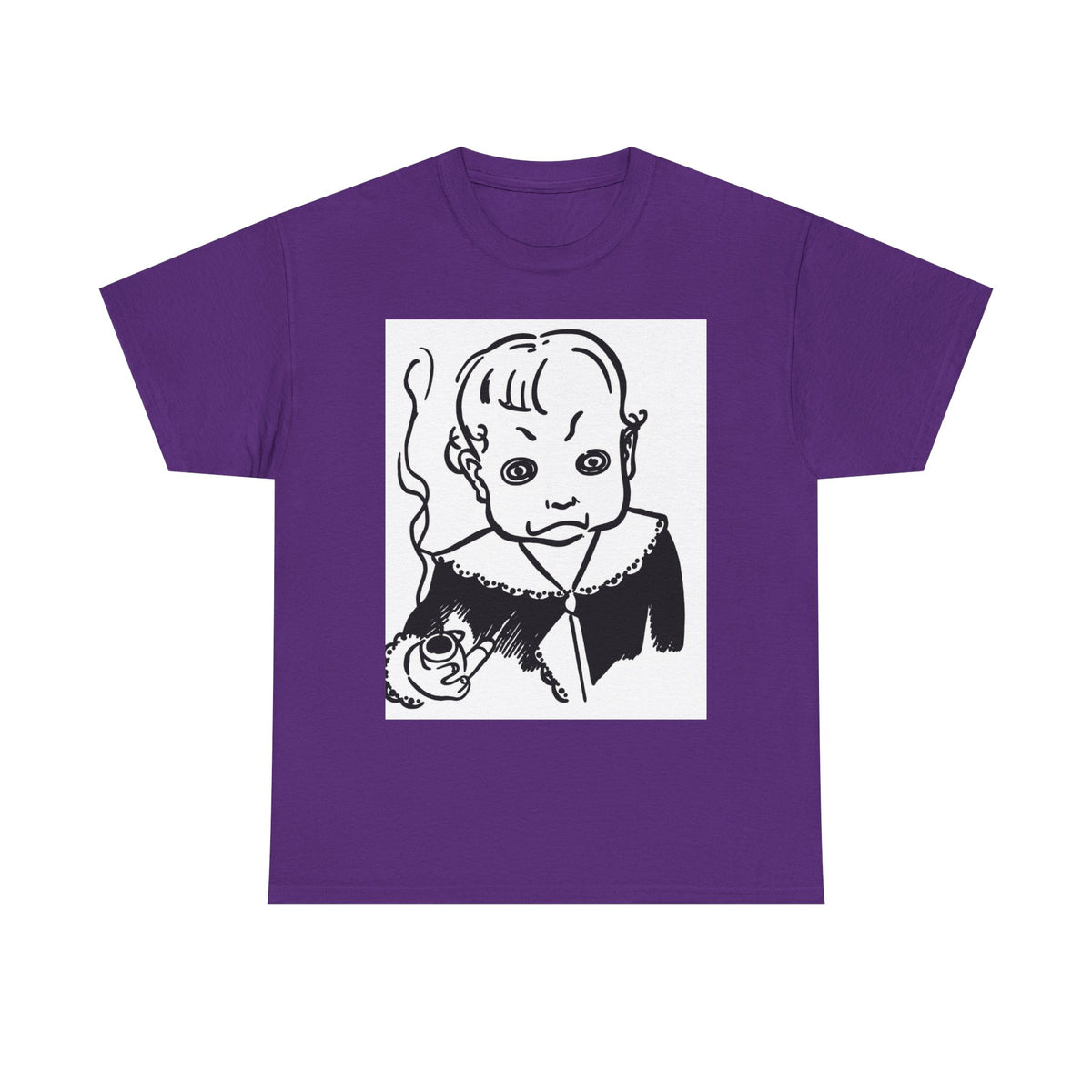 Real King Lud Tobacco Ad- Creepy Baby Smoking Graphic Tee — Retro Horror Illustration T-Shirt