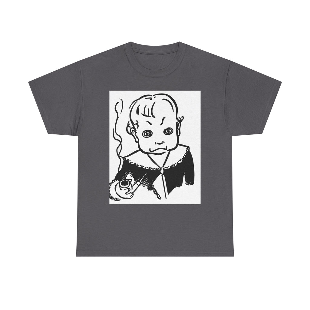 Real King Lud Tobacco Ad- Creepy Baby Smoking Graphic Tee — Retro Horror Illustration T-Shirt