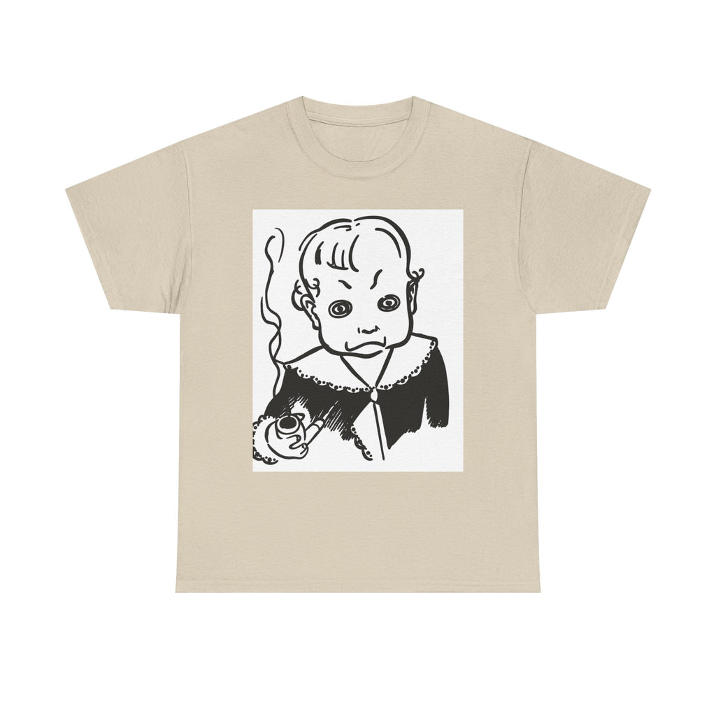 Real King Lud Tobacco Ad- Creepy Baby Smoking Graphic Tee — Retro Horror Illustration T-Shirt