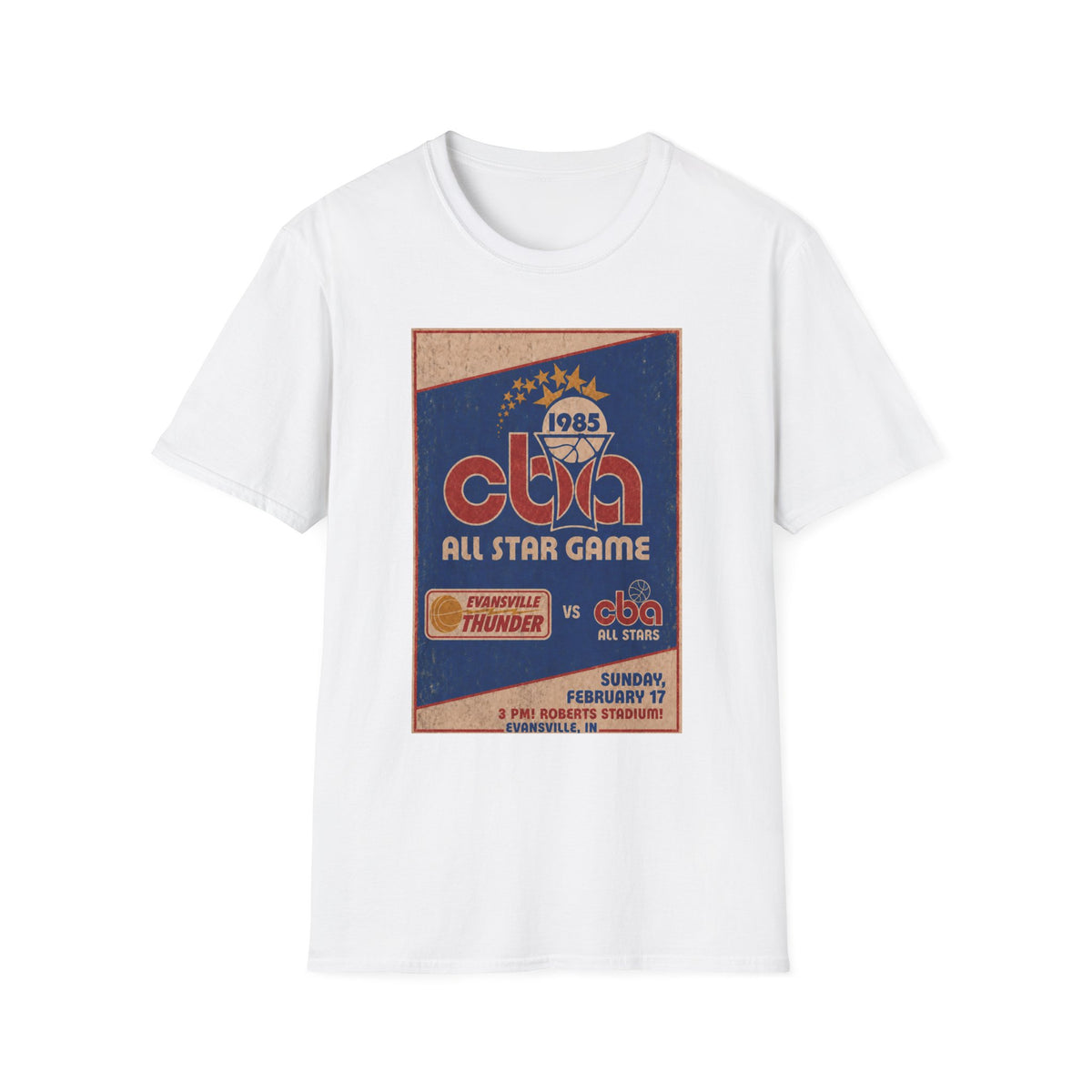 Vintage 1985 CBA All-Star Game T-Shirt — Evansville Thunder vs. CBA All Stars