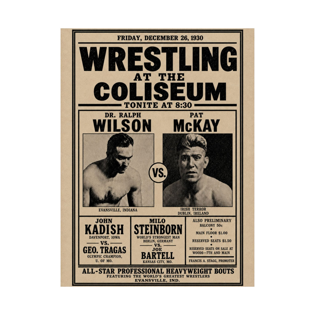 Vintage 'Wrestling at the Coliseum' Matte Poster
