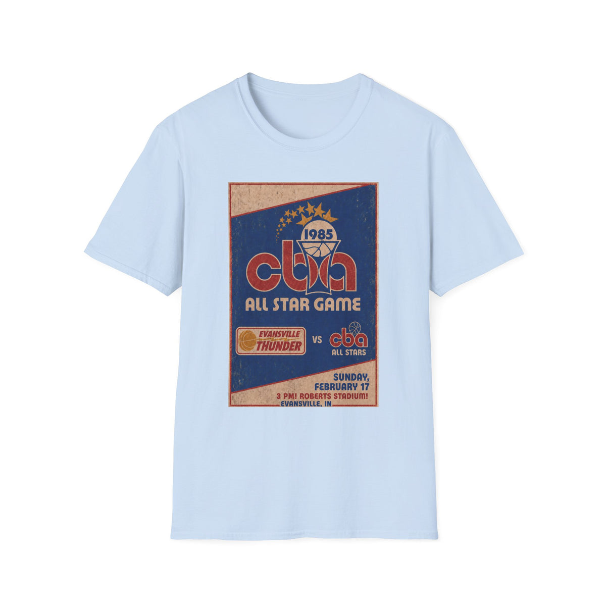 Vintage 1985 CBA All-Star Game T-Shirt — Evansville Thunder vs. CBA All Stars
