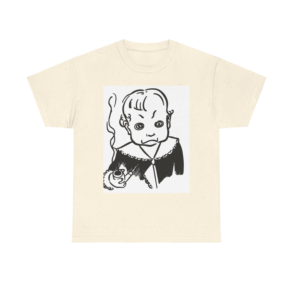 Real King Lud Tobacco Ad- Creepy Baby Smoking Graphic Tee — Retro Horror Illustration T-Shirt