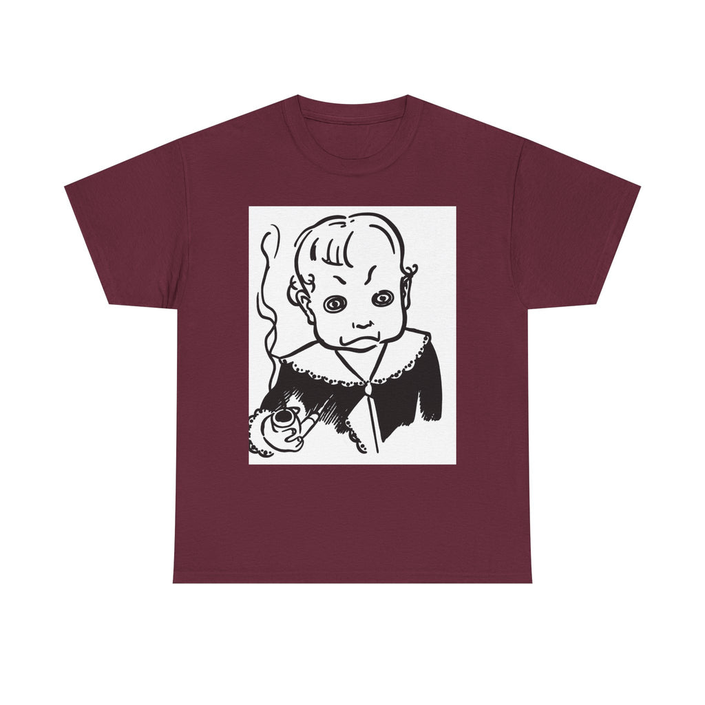 Real King Lud Tobacco Ad- Creepy Baby Smoking Graphic Tee — Retro Horror Illustration T-Shirt