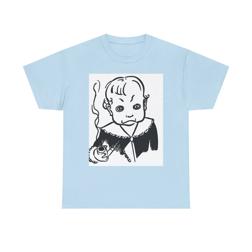 Real King Lud Tobacco Ad- Creepy Baby Smoking Graphic Tee — Retro Horror Illustration T-Shirt