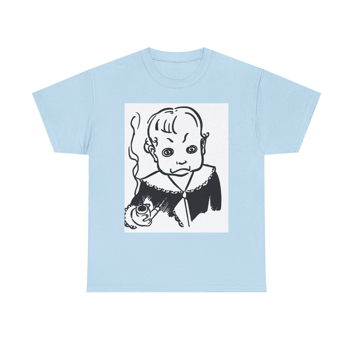 Real King Lud Tobacco Ad- Creepy Baby Smoking Graphic Tee — Retro Horror Illustration T-Shirt