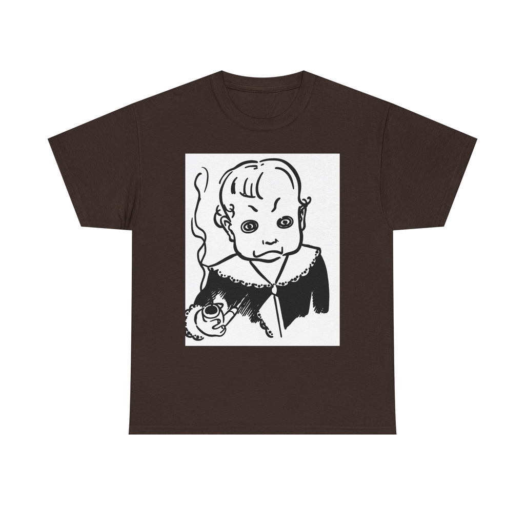Real King Lud Tobacco Ad- Creepy Baby Smoking Graphic Tee — Retro Horror Illustration T-Shirt