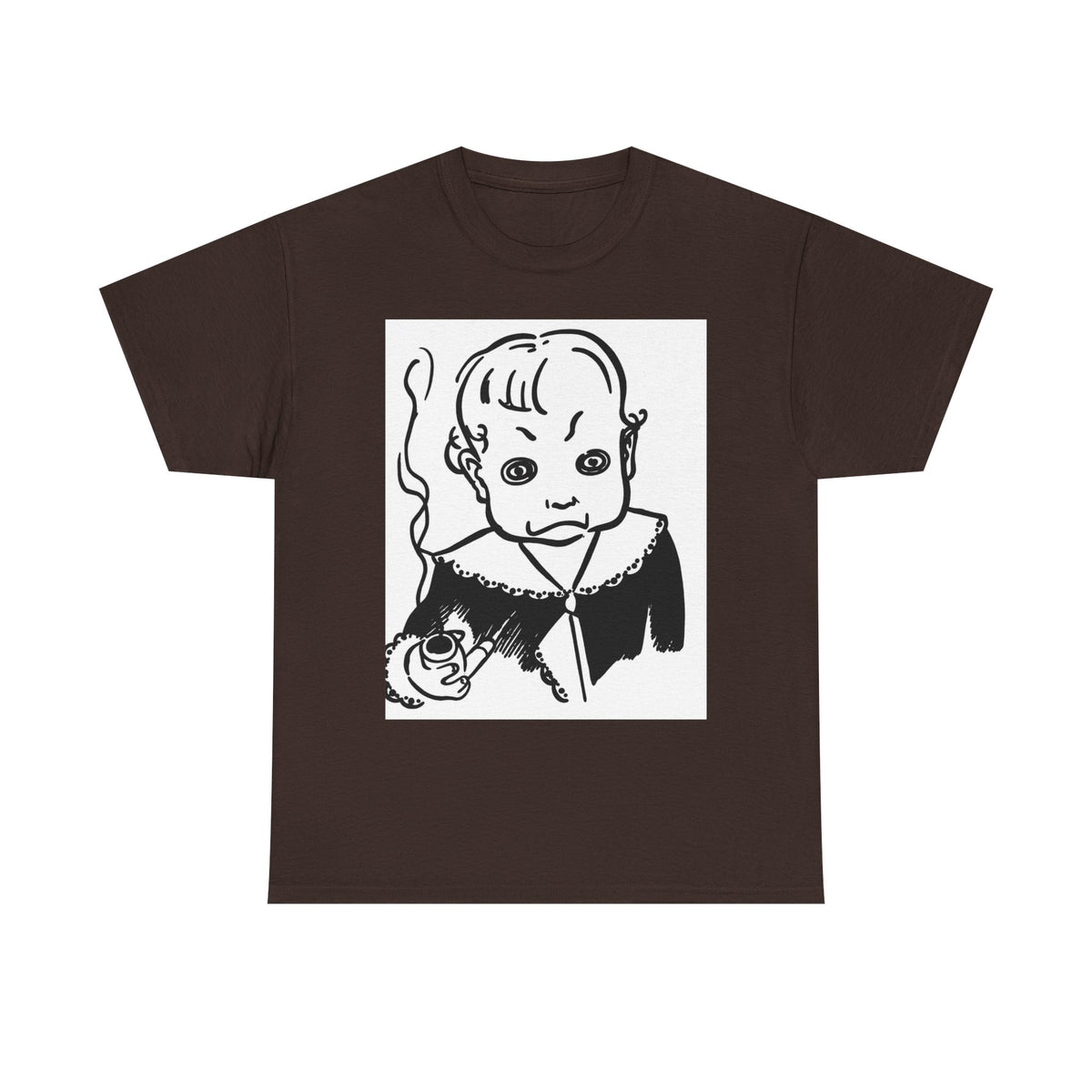 Real King Lud Tobacco Ad- Creepy Baby Smoking Graphic Tee — Retro Horror Illustration T-Shirt