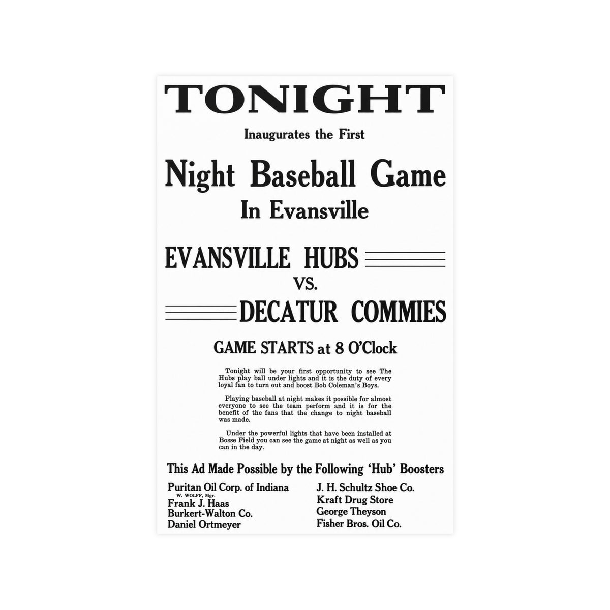 1931 Evansville Hubs vs Decatur Commies…First Night Baseball Game in Evansville (reproduction)